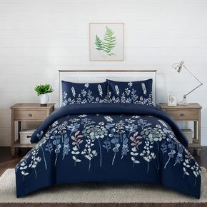 Style Quarters Dahlia Lane 3pc Duvet Cover Set - Multi-Color Floral Stems with White Leafy Silhouettes - 100% Cotton - Machine Washable - Includes 1 Duvet Cover + 2 Shams (Queen)