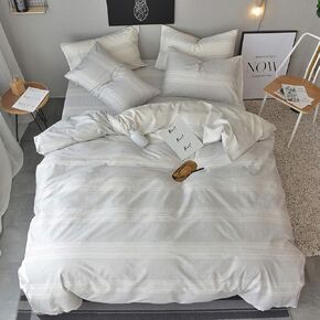Duvet Cover Set Full/Queen Size 100% Cotton White/Light Gray Printed Striped Reversible Design 3Piece Bedding Set (1 Duvet Cover + 2 Pillow Shams) with Zipper Closure Soft Breathable