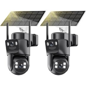 4K Solar Security Cameras Wireless Outdoor Battery Powered, 2.4GHz Dual Lens Bullet & 360°PTZ Linkage Outdoor Security Camera with Solar Panel, 8X Digital Zoom, Color Night Vision,White (Silver)
