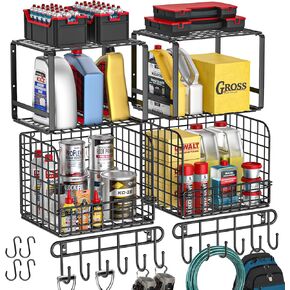 TomCare 3 Pack Garage Shelving Heavy Duty Garage Storage Shelves with Wire Baskets Laundry Room Shelves Wall Mounted Shelves with Hooks Tool Organizer for Shed Garden Kitchen Organization and Storage