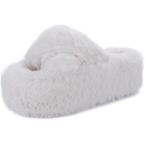 Fuzzy Slippers Women Cross Band Furry House Shoes Open Toe Bride Slippers Fluffy Slides for Girls High Heel Fur Women Sandals for Party Stylish Memory Foam Female Fuzzy Sandals