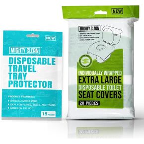 Travel Hack Pack for Adults and Kids: 15 Travel Tray Protectors and 20 Extra Large Disposable Toilet Seat Covers