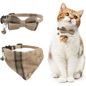 Dog Bandana and Collar Set, 2 Pieces Classic Plaid Bow Tie Cat Collar Bandana Adjustable Cat Collar with Scarf and Bowtie and Bells, White