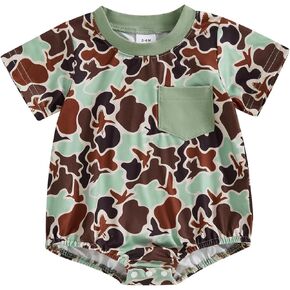 Newborn Baby Boy Girl Summer Outfit Duck Hunter Short Sleeve Camouflage Bubble Romper Short Sleeve Bodysuit Clothes
