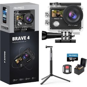 AKASO Brave 4 Action Camera with 64GB MicroSDXC Memory Card and 1.2M Selfie Stick and a Tripod Bundle