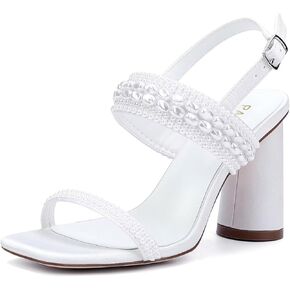 Block Heel Wedding Sandals Pearl Wedding Shoes for Bride Open Toe Bridal Heels
