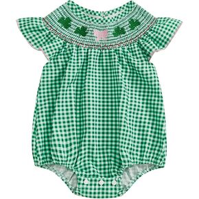 BemeyourBBs Newborn Baby Girl St Patricks Day Outfit Shamrock Bubble Romper Embroidery Cute Smocked Baby Girl Clothes