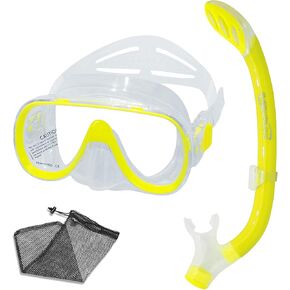 Kids Snorkel Set - 1 Window Panoramic Wide View, Anti-Fog Tempered Glass, Anti-Leak Silicone Skirt, Dry Top Snorkel, Mesh Bag - Snorkeling Gear for Kids Age 6-14