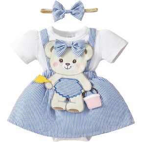 Newborn Baby Girl Romper Dress Short Sleeve Cute Bear Embroidery Bodysuit Dress Headband Infant Summer Clothes