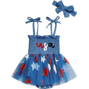 Newborn Baby 4th Of July Outfit Girl Usa Bubble Romper Smocked Dress My First Forth Of July baby girl Outfits
