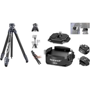 NEEWER 62" Travel Tripod Carbon Fiber with ±15° Leveling, Detachable Center Axis, GM34 Camera Quick Release Plate, Arca QR Tripod Plate Compatible with Peak Design Capture V3, Max Load 22lb, TP62