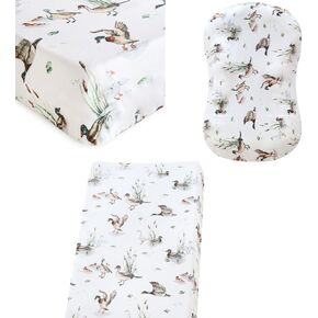 LifeTree Mallard Duck Theme Bundle- 1 Pack Muslin Crib Sheet 28 * 52 inches,1 Pack Changing Pad Cover 16 * 32 inches, 1 Pack Baby Lounger Cover 30.7in x 20in, 70% Viscose from Bamboo and 30% Cotton