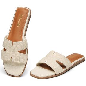 Tanamo Women's Slide Sandals, Comfortable Flats Summer Dressy Casual Beach Open Toe Shoes Slip On Leather Flat Sandals