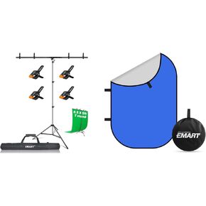 EMART 8.5 x 5ft Portable T-Shape Backdrop Stand Kit with Adjustable Frame, 4 Spring Clamps & Carry Bag and 5 X 6.5ft Blue/Grey Screen 2 in 1 Pop Up Collapsible Reversible Chromakey Portable Backdrops