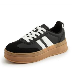 Women's Chunky Platform Sneakers - Retro Vintage Leather Casual Tennis Shoes- Thick Rubber Gum Sole Low Top Lace-Up Classic Walking Shoes