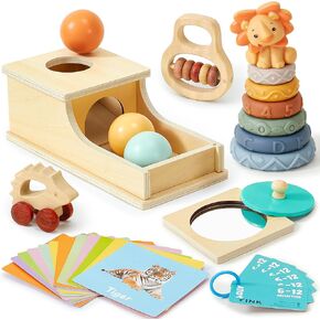 Toyssa Wooden Montessori Baby Toys 6-12 Months, 6 in 1 Baby Sensory Toys for Toddler 1-3 with Infant Stacking Rings/Object Permanence Box/Rattle/Flash Card, Educational Learning Toys Birthday Gifts