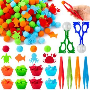 EZdhuawuse Summer Sea Animal Sensory Bin Fillers - 295Pcs Ocean Animal Fine Motor Toys Color Counting Sorting Set for Kids, Felt Octopus Crab Turtle Pom Poms Cup Clip for Preschool Education Training