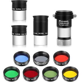 Astromania Filter Set of 1.25-Inch Seven Telescope Filters - Bundle with - 1.25" Plossl Eyepieces 4 10 25mm with 2X Barlow