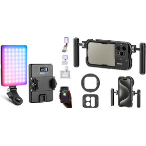 NEEWER VL67C RGB Selfie Light with APP Control, 94 LED CRI97 2000mAh Rechargeable, Cold Shoe Mount as Camera Light, 15 Pro Max Phone Cage with Dual Handles Included