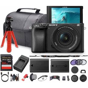 Sony a6100 Mirrorless Camera with 16-50mm f/3.5-5.6 II Lens (ILCE6100KB) + 64GB Memory Card + NP-FW50 Battery + Camera Bag + Charger + Flexible Tripod + Cleaning Kit + HDMI/Micro Cable + More