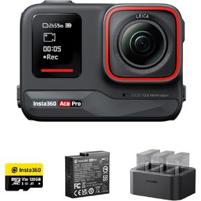 Insta360 Ace Pro Travel Bunddle - كاميرا Action Action مقاومة للماء مشترك مع Leica ، و 1/1.3 "استشعار وضوضاء الذكاء الاصطناعى لجودة الصورة التي لا تقبل ، 4K120 إطارًا في الثانية ، 2.4" شاشة Flip