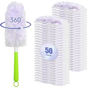 50 Count 360° Multi-Surface Feather Duster Refills, Compatible with Swiffer Dusters, Thickened Heavy-Duty Material Disposable Dusters Kit Includes 2 Handle for Efficient Cleaning