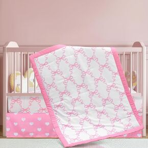 3 PCS Baby Girls Bedding Set Coquette Pink Bow Baby Bedding for Girls Coquettish Pink Heart Bow Consery Conser