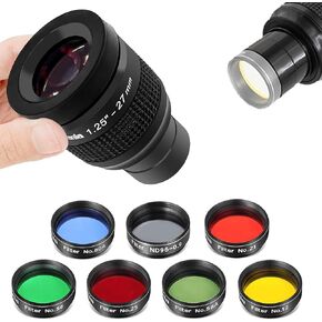 Astromania Filter Set of 1.25-Inch Seven Telescope Filters - Bundle with - 1.25" 27mm Premium Flat Field Eyepiece