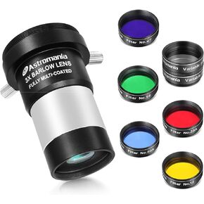 Astromania 1.25-Inch Telescope Eyepiece Filter Set(6 Pieces)- Bundle with - 1.25" 3X Short Focus Barlow Lens