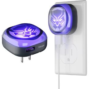 Marvel Black Panther Mask Touch LED Night Light with USB Charging Port- Avengers Nightlight with USB Phone Charger and Foldable Plug- Marvel Gifts for Kids, Teens, Men, Women and Fans of Black Panther