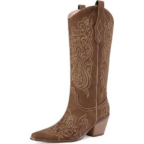 Locerich Women Knee High Boots Boots Boots Cowboy Tall Boots Western Wide Wide Wides Low chunky Heel Snip Toe Frick Frick مع المطرزة المطرزة