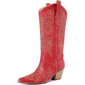 Locerich Women Knee High Boots Boots Boots Cowboy Tall Boots Western Wide Wide Wides Low chunky Heel Snip Toe Frick Frick مع المطرزة المطرزة in Kuwait