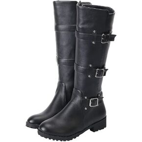 MAVMAX Women's Zip up Knee High Black Moto Boots Round Toe Motorcycle Boots Chunky Low Heel Biker Booties Buckle Long Riding Plus Size Wide Calf Boots Size 13