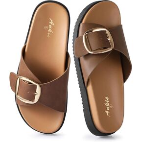 Ankis Brown Black White Flat Sandals for Women 2025,Wide Width Leather Sandals for Women Comfortable Dressy,Womens Summer Beach Sandals with Adjustable Strap and Buckle