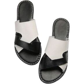 Verdusa Women's Color Block Flat Leather Sandals Open Toe Vacation Slip on Slides
