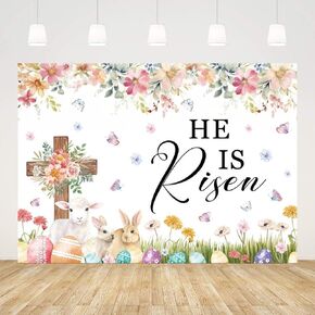 7x5ft He is Risen Backdrop Easter Jesus Resurrection Cross Photography Background Religious Resurrection Christian Bunny Eggs Party Decorations Banner Photo Props