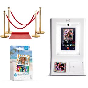 HP Sprocket Photo Booth Machine Instant Color Photo Printer (White) + Zink Paper (100 Sheets) + Red Carpet Bundle