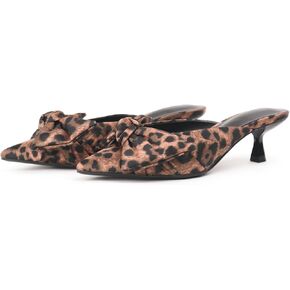 Women's Bow Pointed Toe Mules, Slip-on Closed Pointed Toe Kitten Heel Sandals for Office, Evening, Comfortable Designer Slides in Black, Red, Leopard Print