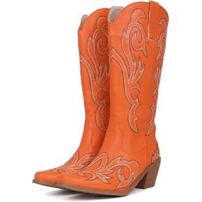 MRKEWUNEY Classic Cowboy Boots for Women Pointed Toe Cowgirl Boots Low Heels Flower Embroidery Western Mid Calf Boots Pull on Country Western Boots Orange Size 39