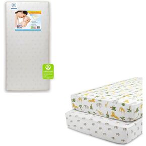Delta Children Twinkle Stars Fiber Core Crib and Toddler Mattress Fitted Crib Sheets for Girls and Boys (Pack of 2), Safari Friends (Bundle)