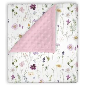 Mink Baby Girls Blankets Pink Purple Floral, Watercolor Wildflower Soft Double Layer Dotted Backing Receiving Swaddle, Flower Newborn Infant Toddler Nursery Crib Bedding Shower Gift 30 x 40 In