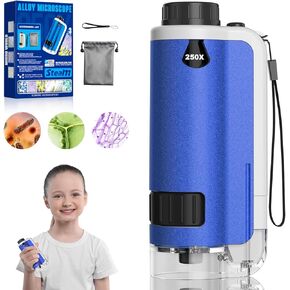 Portable Microscope for Kids, Handheld Mini Microscope Zoom 100x - 250x with LED Lights, Pocket Alloy Microscope, Educational Science Kits for Girls Boys (Blue)