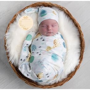 Newborn Baby Swaddle and Headband Beanie Set Animal Print Receiving Blanket with Baby Announcement Sign for Newborn boy Baby Girl(White)