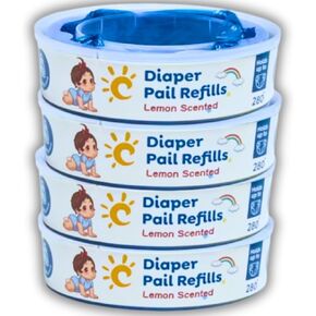 Diaper Pail refill bags 4 Pack diaper bags refills, Holds upto 1120 daipers Lemon scented, trash bags, diaper pail refills, diaper pamper trash, Compatible with Diaper Genie & All disposals