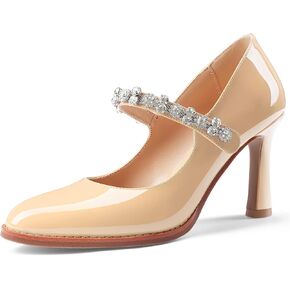 Oh Mispares Pointed Toe Heels for Women Mary Jane Stiletto Pumps Patent Leather Rhinestone Strap 3.5 Inch Dress Shoes for Wedding Party Prom