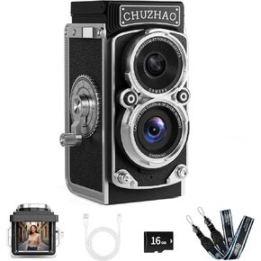 CHUZHAO Mini Retro Digital Camera - Vintage TLR Style Point and Shoot Auto Focus Vlogging Camera, Compact & Portable, 16GB Card Included, Ideal for Beginners, Teens, Kids and Adults