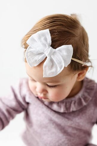 Little Poppy Co. Bows Handmade Claire Bow - Solid Embroidered Stripe, Premium Stylish Accessories for Girls & Babies (Mustard, Original Nylon) in Saudi Arabia