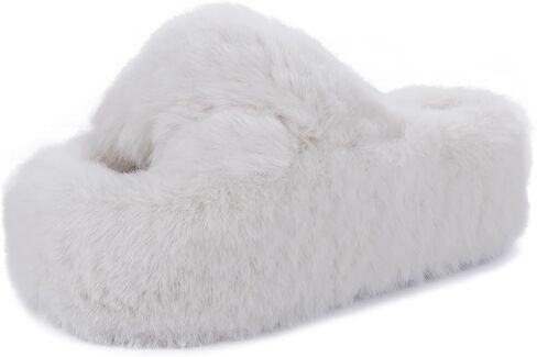 Fuzzy Slippers Women Cross Band Furry House Shoes Open Toe Bride Slippers Fluffy Slides for Girls High Heel Fur Women Sandals for Party Stylish Memory Foam Female Fuzzy Sandals in Saudi Arabia