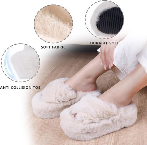 Fuzzy Slippers Women Cross Band Furry House Shoes Open Toe Bride Slippers Fluffy Slides for Girls High Heel Fur Women Sandals for Party Stylish Memory Foam Female Fuzzy Sandals in Saudi Arabia