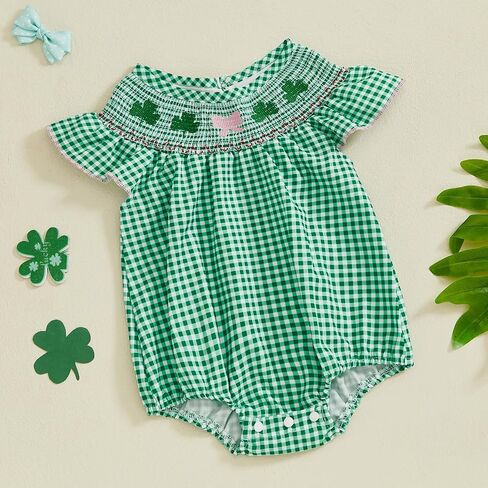 BemeyourBBs Newborn Baby Girl St Patricks Day Outfit Shamrock Bubble Romper Embroidery Cute Smocked Baby Girl Clothes in Saudi Arabia